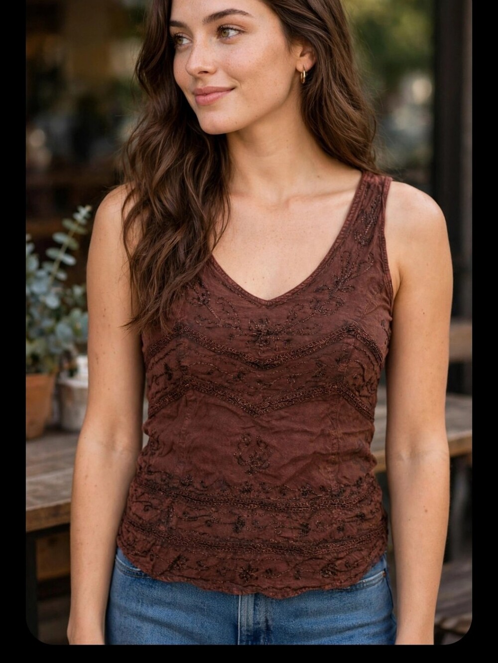 Embroidered Brown V-Neck Beaded Camisole